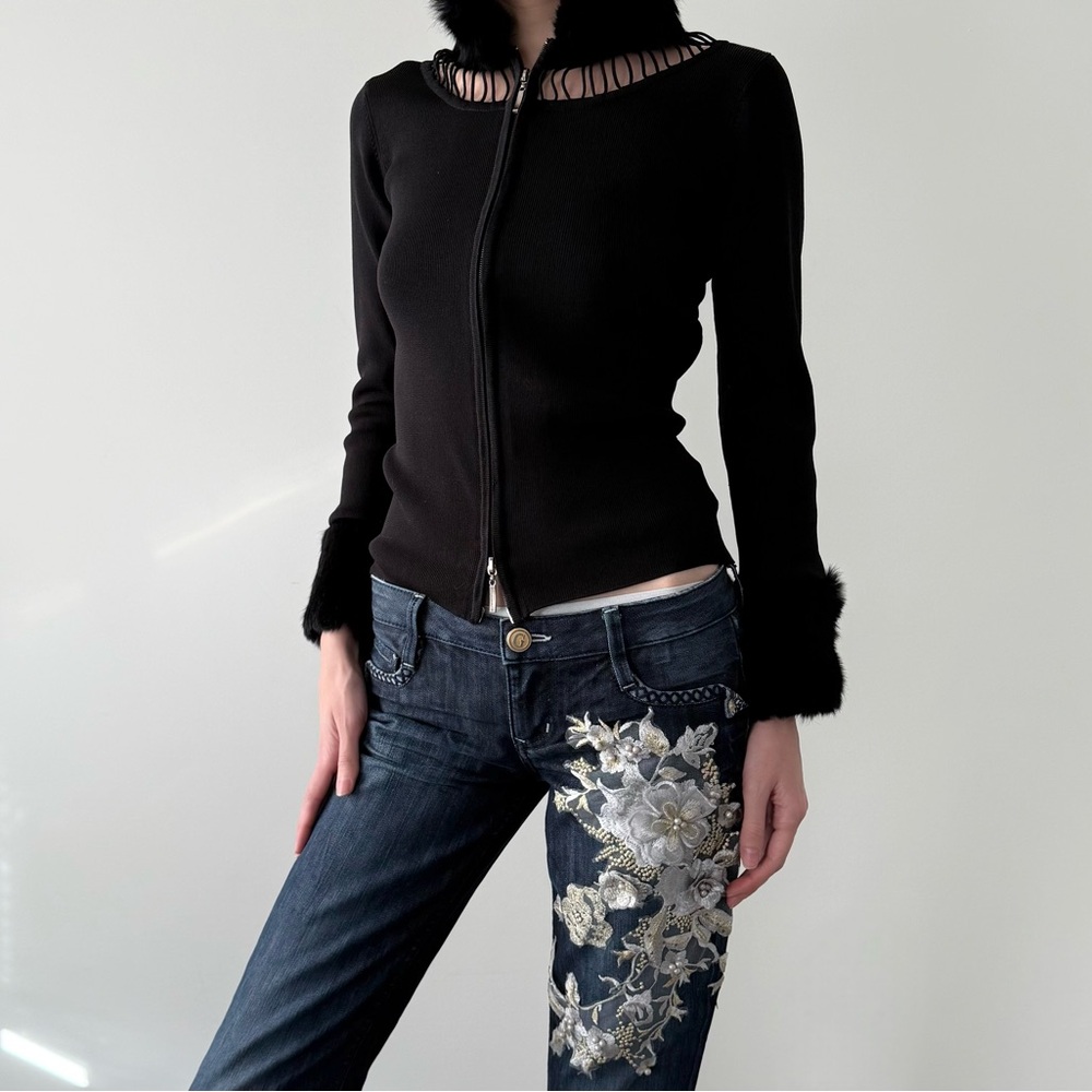 Fox fur trim ribbed cardigan